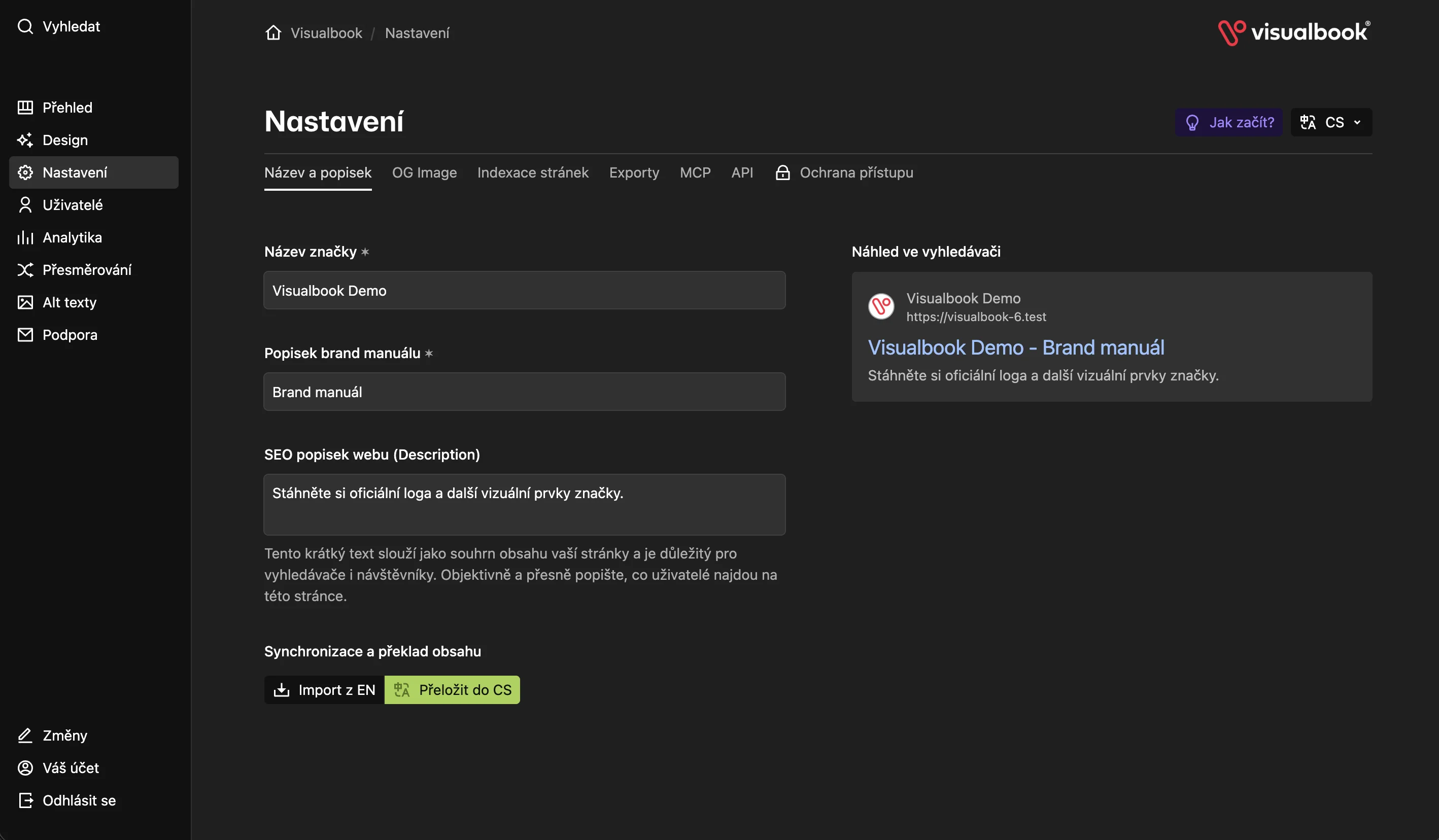 Admin panel Visualbooku – název manuálu a SEO